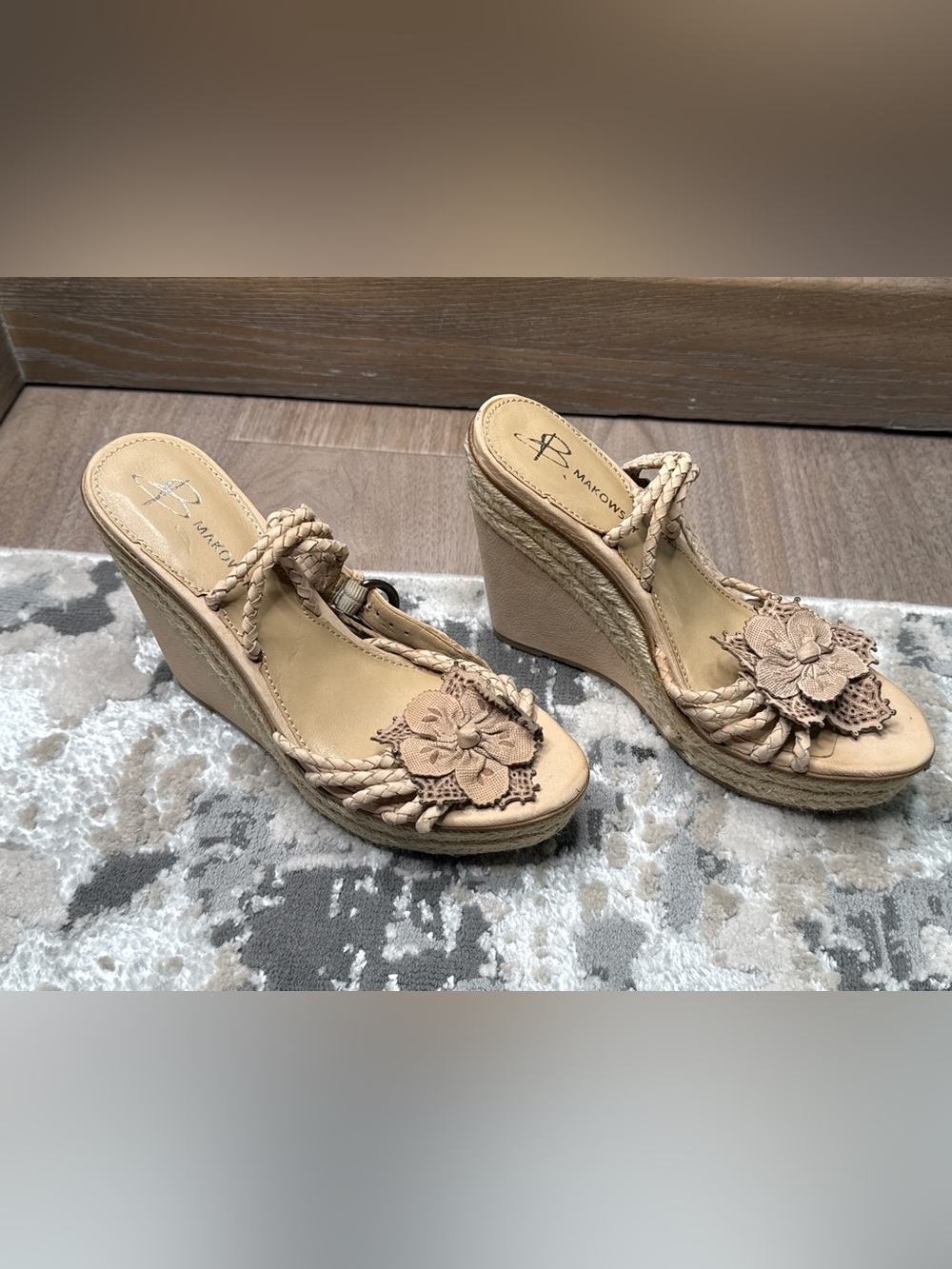 b. makowsky Tan Braided Wedge Sandals with Floral Appliqué